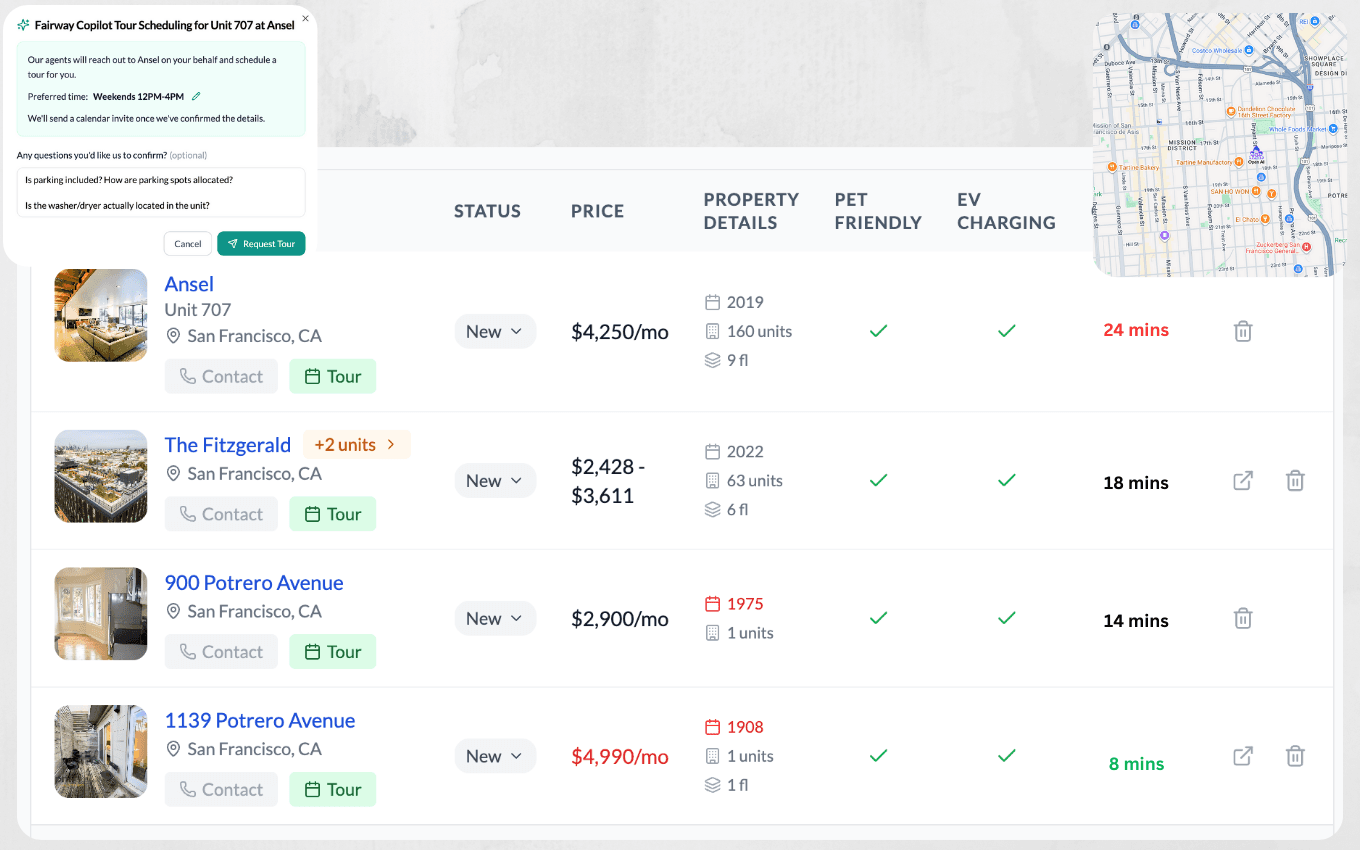 Shortlist of curated apartment matches with AI tour scheduling