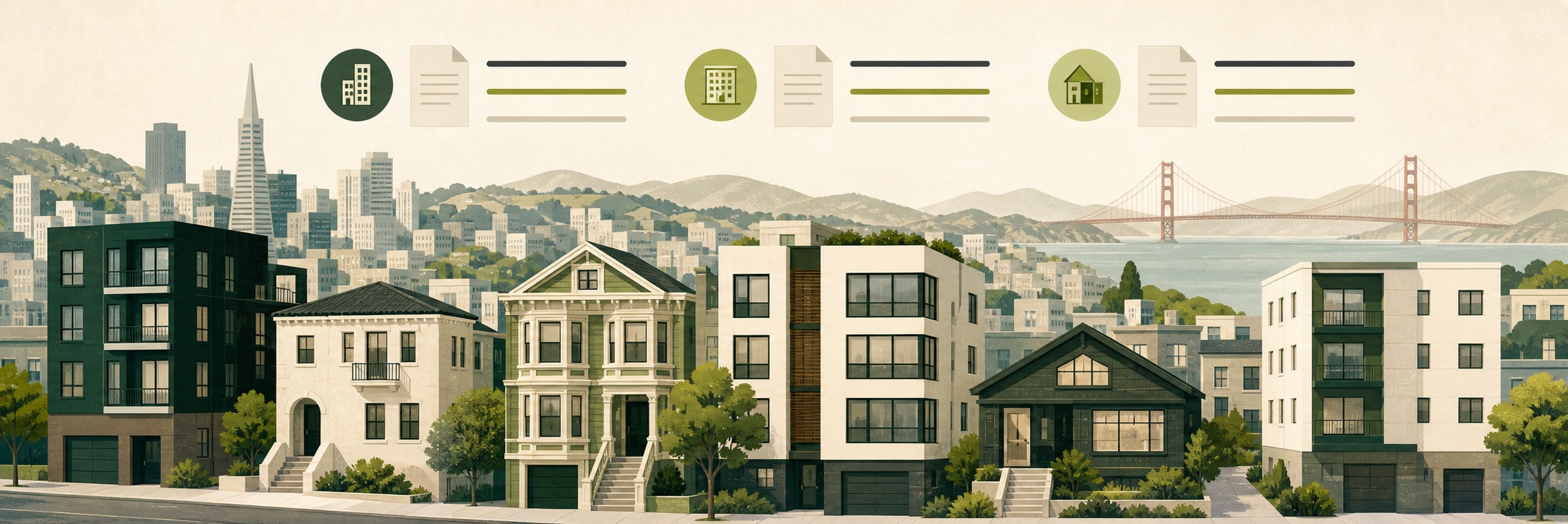 An illustrated comparison of Bay Area apartment buildings, homes, and renter rules with the San Francisco skyline behind them.